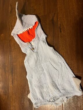 Shark Hooded Baby Romper/Swimsuit Cover Up in Light Gray with Red Lining